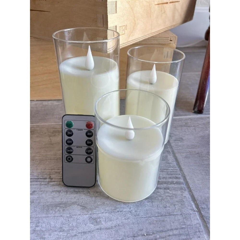 Set of 3 Acrylic Battery LED Flameless Flicker Candles Remote Timer Ivory Pillar